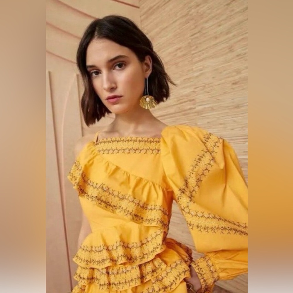 Ulla Johnson Arjun Blouse Top Papaya One Shoulder Ruffle Embroidered Size 6 NEW